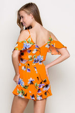 Load image into Gallery viewer, BETHANY FLORAL COLD SHOULDERS ORANGE ROMPER