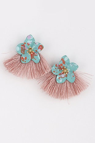 GOLD TURQUOISE FLOWER & PINK TASSEL EARRINGS