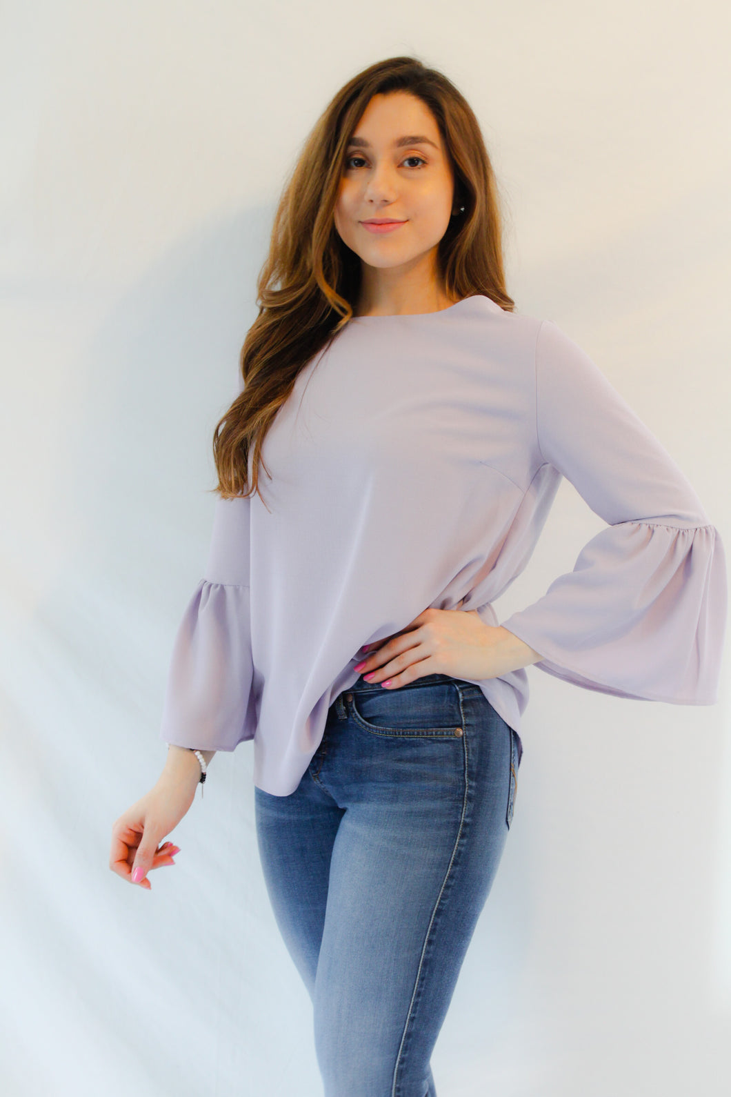 LILA FLOUNCE BELL SLEEVE SOFT LAVENDER BLOUSE